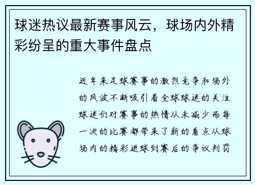 球迷热议最新赛事风云，球场内外精彩纷呈的重大事件盘点
